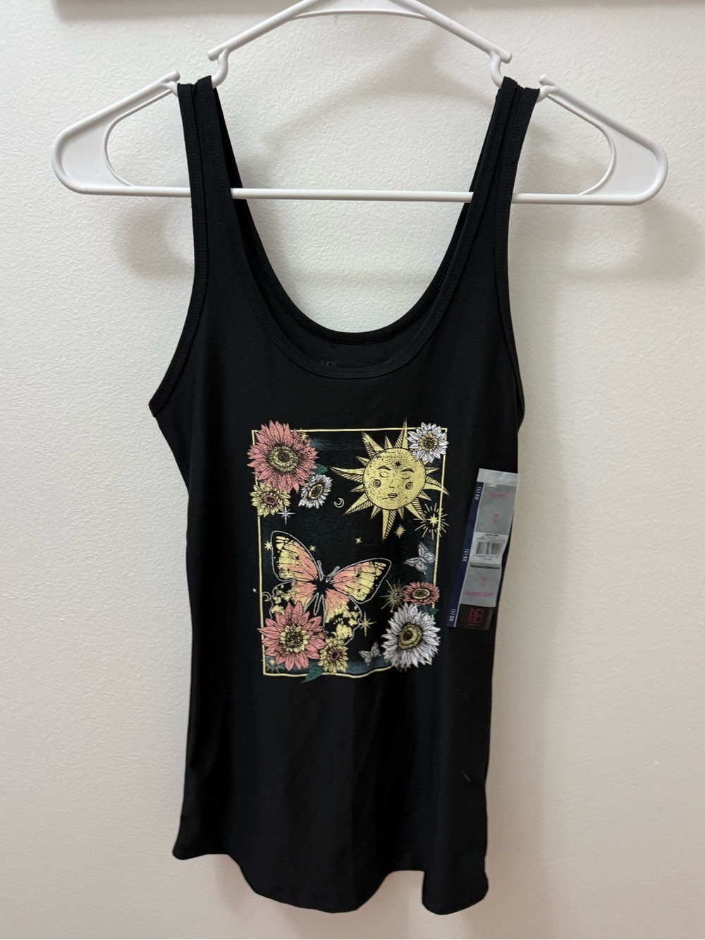 Black Floral Sun & Butterfly Graphic Tank Top